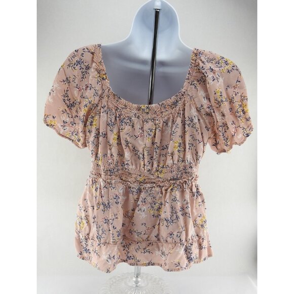 Derek Heart Pink Blush Floral Smocked Peplum Top Size Jrs M Cottagecore - Picture 4 of 8